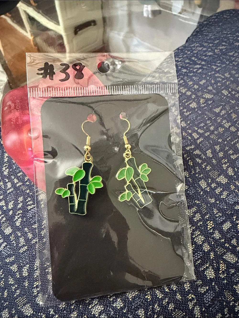 Green Bamboo Plant Enamel Drop Earrings - Gold Hooks